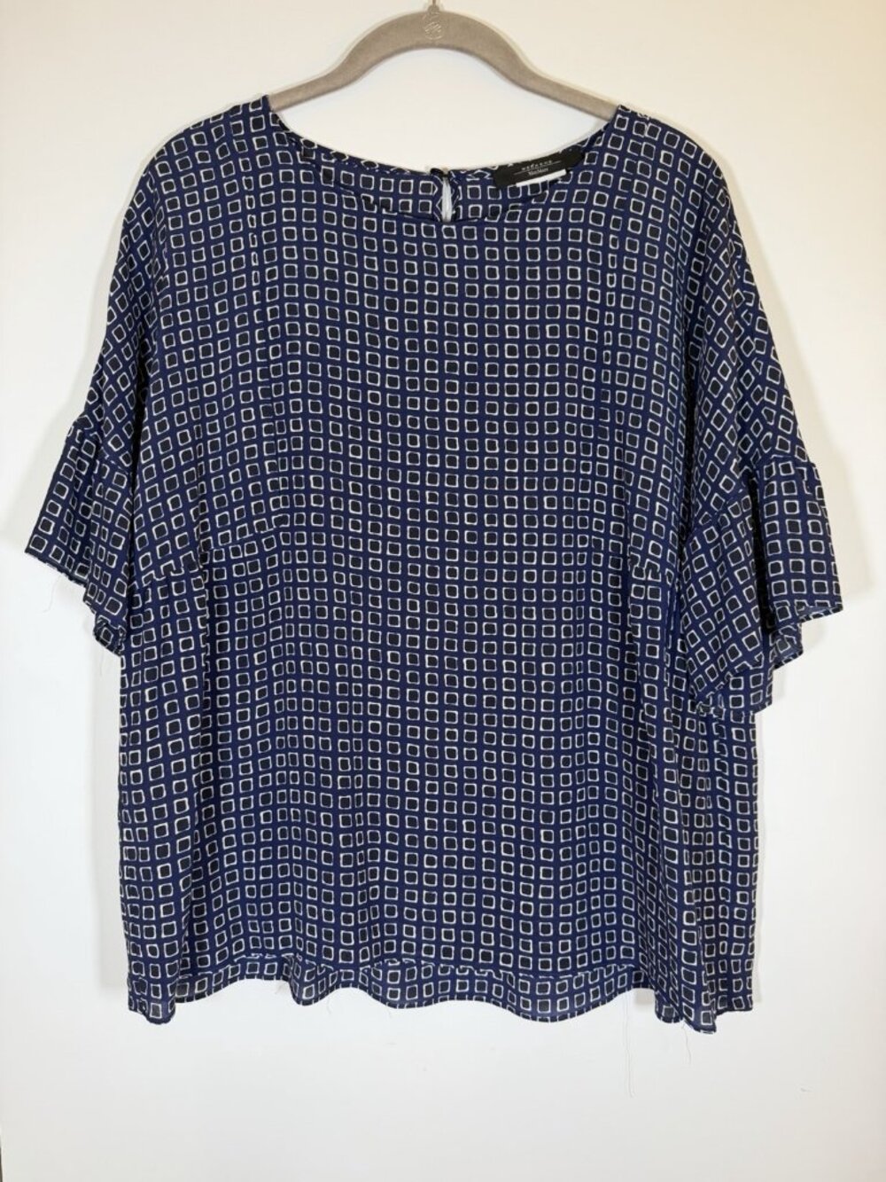 Weekend Max Mara blue geometric silk ruffle sleeve boxy blouse lightweight L